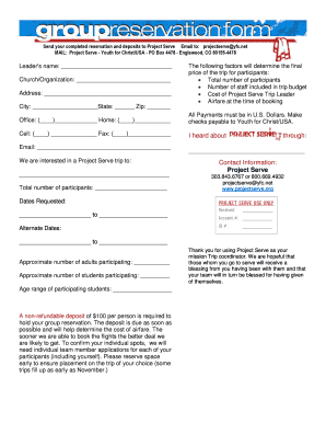 Project Serve Mission Trip Reservation Form