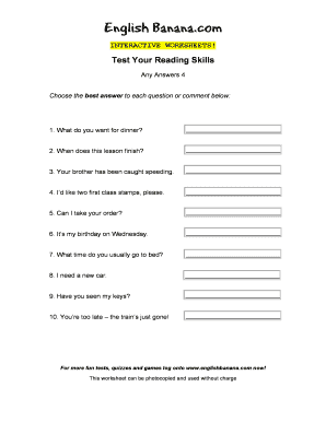 English Banana Reading Skills Test