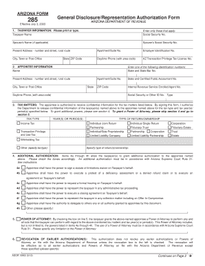 Arizona Form 285 General Disclosure/Representation Authorization