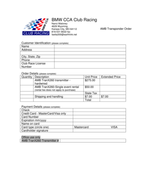 BMW CCA Club Racing AMB Transponder Order Form