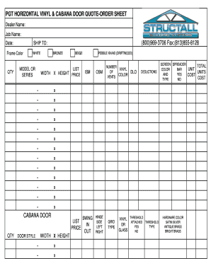 PGT Horizontal Vinyl & Cabana Door Quote-Order Sheet