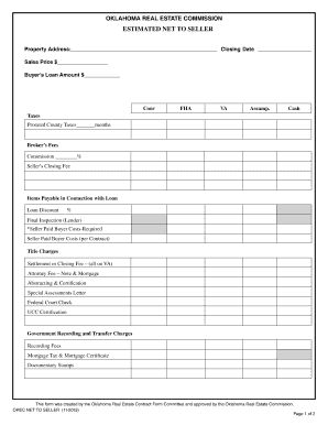 Oklahoma Real Estate Commission Net to Seller Form