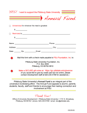 Pittsburg State University Annual Fund Donation Form