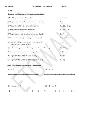 Fillable Online GSE Algebra 1 b2015b Fall Final - Unit 2 Review bNameb