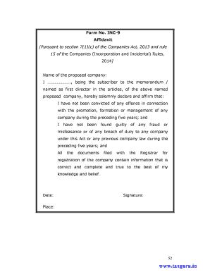 Form INC-9 Affidavit for Company Incorporation