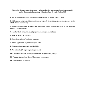 EU Research and Development Aid Summary Form