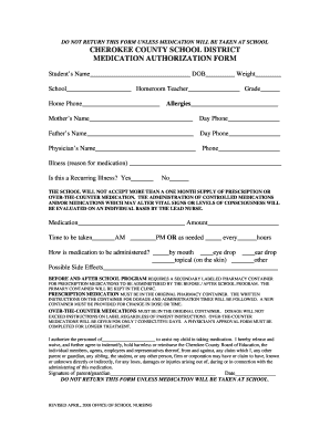 Cherokee County School Medication Authorization Form