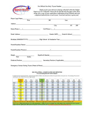 Badger Region Volleyball Tryout Form