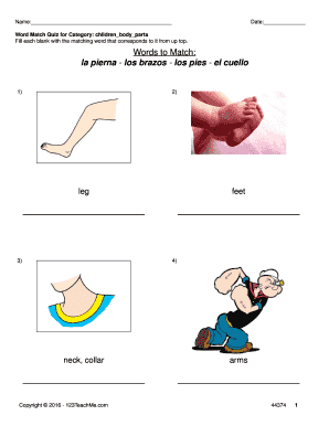 Children Body Parts Word Match Quiz