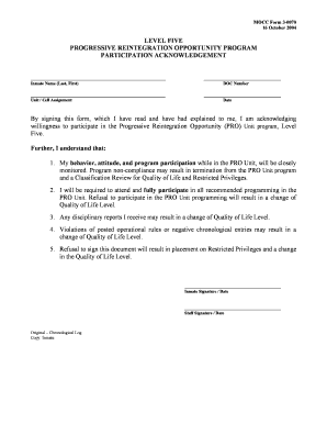 Inmate Progressive Reintegration Opportunity Program Participation Acknowledgement