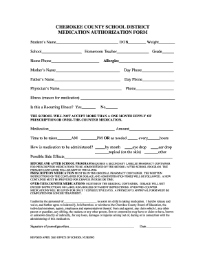 Cherokee County School District Medication Authorization Form
