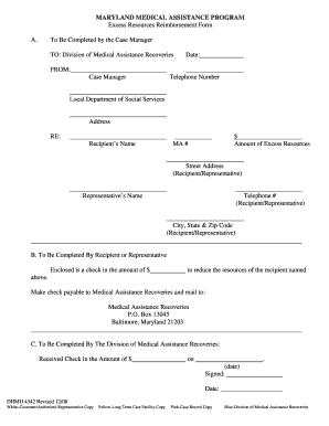 Maryland Medical Assistance Excess Resources Reimbursement Form