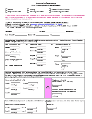 Duke University Health Science Student Immunization Form
