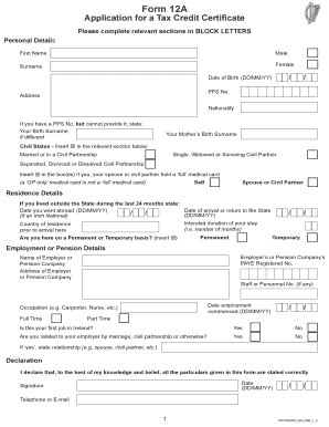 Form 12A Application for Tax Credit Certificate