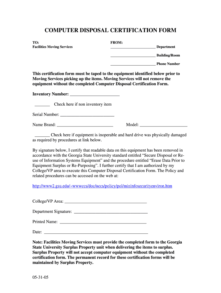 Fillable Online COMPUTER DISPOSAL CERTIFICATION FORM Fax Email Print