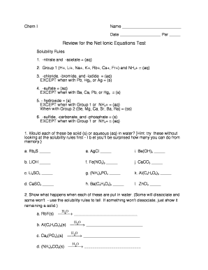 Chem I Net Ionic Equations Test Review