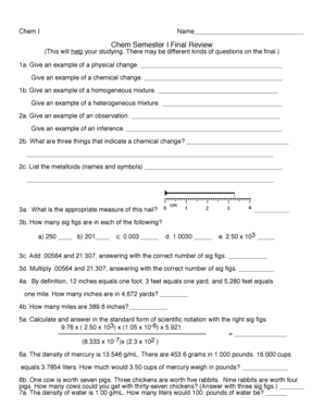 Chemistry Semester Final Review Form