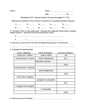 Real estate analysis spreadsheet - Chem I Name Worksheet C27 Naming Covalent Compounds