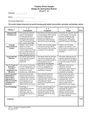 Teacher Work Sample Design for Instruction Form