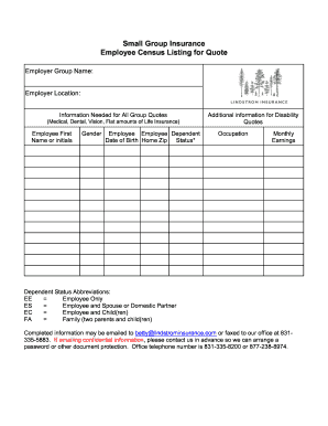 Employee Census Listing for Small Group Insurance Quote