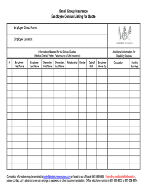 Employee Census Listing for Small Group Insurance Quote