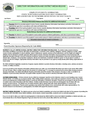Student Directory Information and Media Release Form