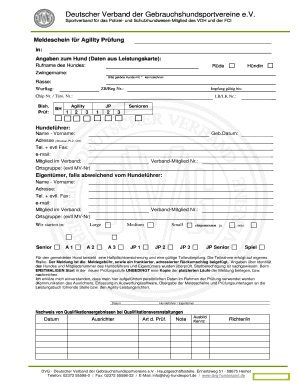 Meldeschein für Agility Prüfung
