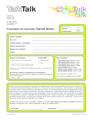 Formulário de inscrição TalkTalk Mobile Agente