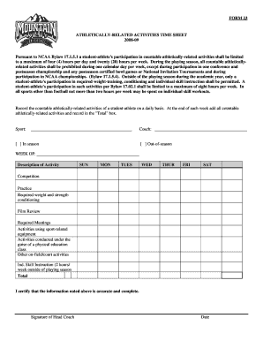 NCAA Athletic Activities Time Sheet