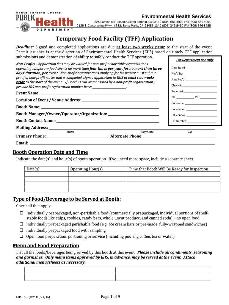 Temporary Food Facility (TFF) Application Preview on Page 1