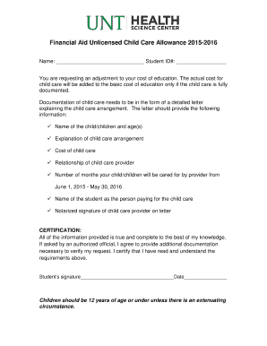 Child Care Allowance Financial Aid Form