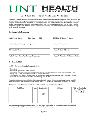 2014-2015 Independent Verification Worksheet