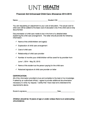 Child Care Allowance Financial Aid Form