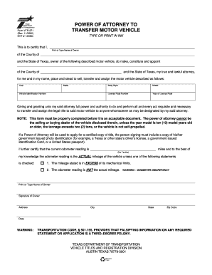 Texas Power of Attorney for Motor Vehicle Transfer