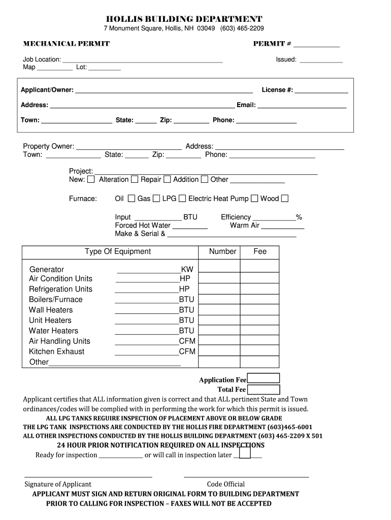 Fillable Online hollisnh MECHANICAL PERMIT PERMIT Hollis NH Fax Email