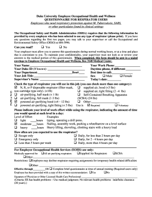 Duke University Respirator User Questionnaire