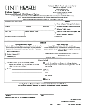 University of North Texas Diploma Request Form