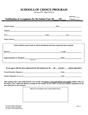 Schools of Choice Program Acceptance Notification