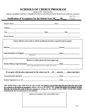 Schools of Choice Program Notification of Acceptance
