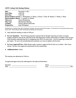 DFW Curling Club Meeting Minutes Date Start Time 500 P