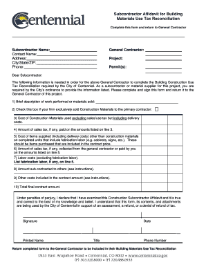 Subcontractor Affidavit for Building Materials Use Tax Reconciliation