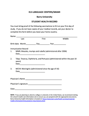 Student Health Record Form