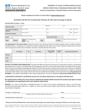 University of Texas Permian Basin 2015-2016 Student Health Insurance Enrollment Form