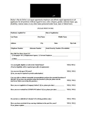 Bailey’s Bar & Grille Employment Application Form