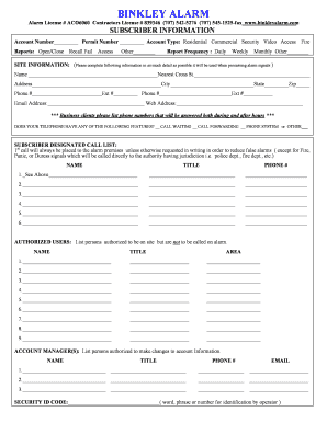 Alarm System Subscriber Information Form