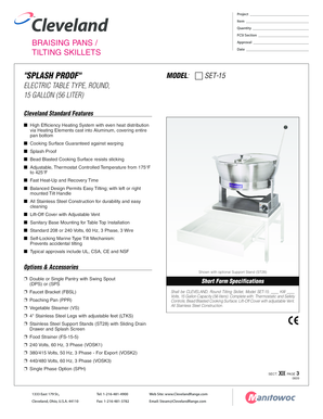 Cleveland Round Tilting Skillet Specification Sheet