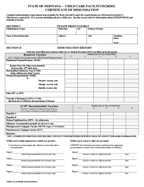 Montana Child Care Facility/School Certificate of Immunization