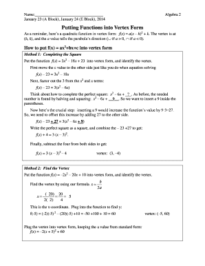 Algebra 2 Vertex Form Worksheet