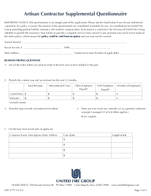 Artisan Contractor Supplemental Questionnaire