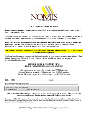 Funeral Home & Cemetery News Front Page Ad Request